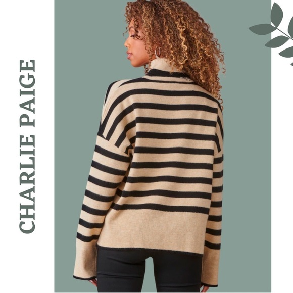 Charlie Paige Mikyla Stripe Cowl / Turtle Neck Pullover Cream Black Size Medium - Picture 3 of 7